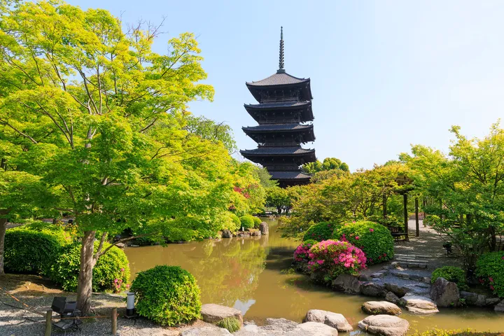 Tō-ji Temple’s pagoda beyond a pond and green spring gardens
